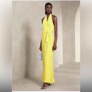 Bettina satin halter maxi dress - butter yellow satin wrap dress